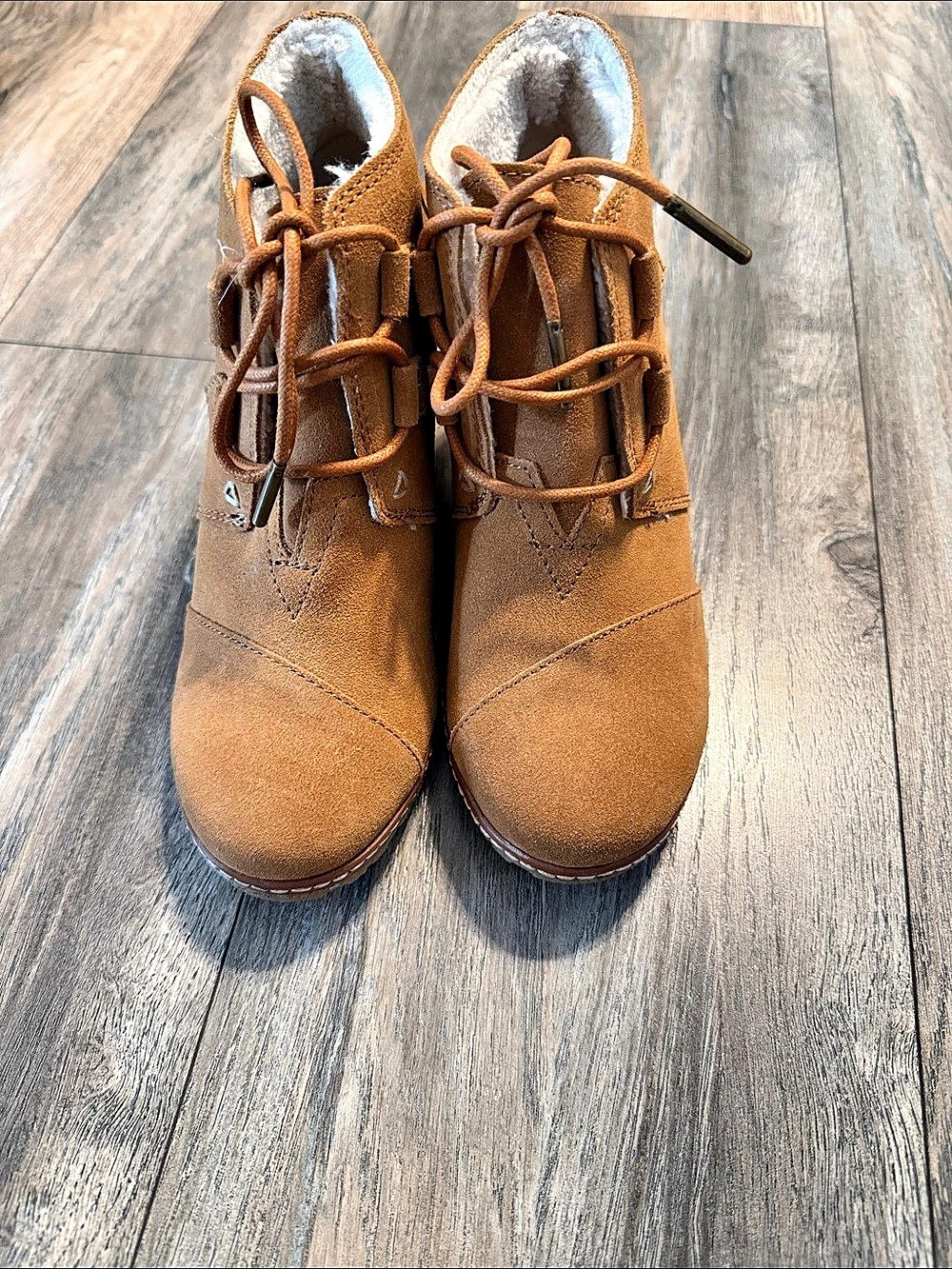 TOMS Maude Suede and Faux Fur Lace Up Wedge Booties Faux Fur Lace Up Wedge